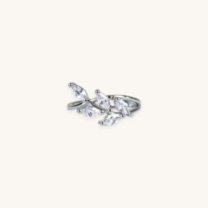 Silver Crystal Leaves Ring (Free Size)