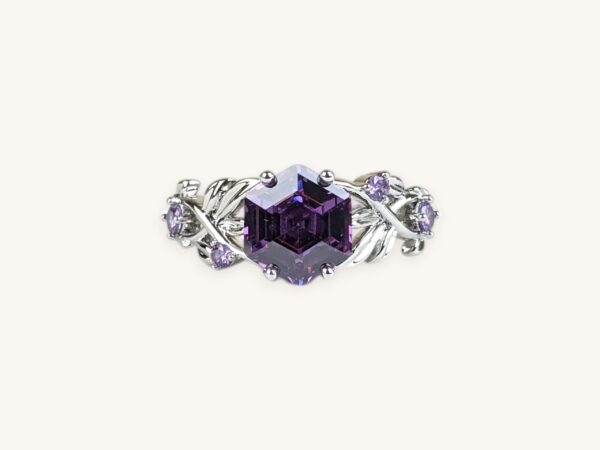Purple Inlaid Hexagon Zircon Twisted Silver Ring