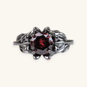 Charm Black Flower Round Ring for Women Dark Red Stone (18)