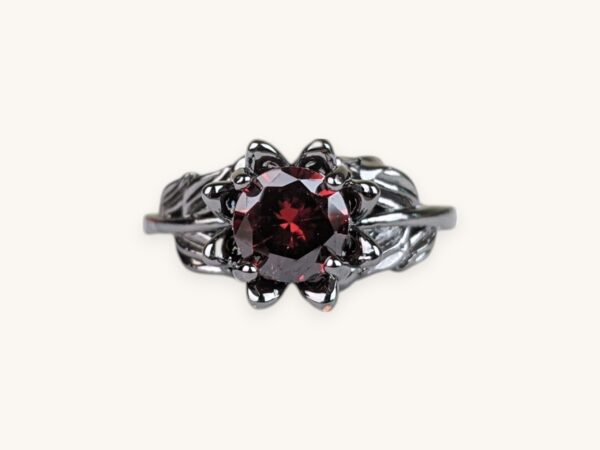 Charm Black Flower Round Ring for Women Dark Red Stone (18)