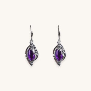 Silver Metal Oval Flower Geometry Purple Stone Dangle Earrings For Women