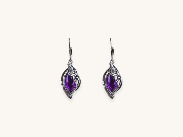 Silver Metal Oval Flower Geometry Purple Stone Dangle Earrings For Women