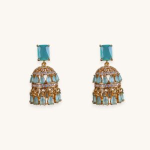 Golden Jhumka Aqua Blue Earrings