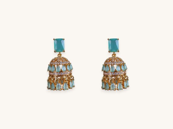 Golden Jhumka Aqua Blue Earrings