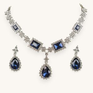 Blue Square Rhinestone Water Drop Pendant Necklaces for Women Elegant Collarbone Chain Luxury Jewelry Set