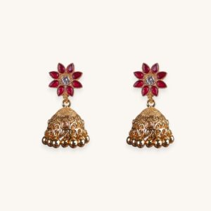 Golden Jhumka Red Flower Earrings