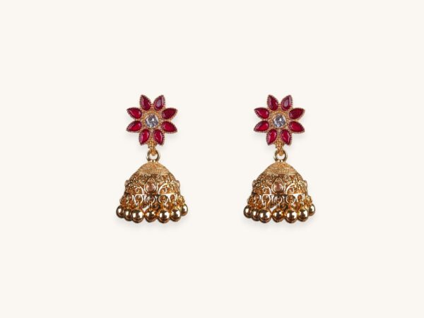 Golden Jhumka Red Flower Earrings