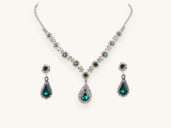 Women's Crystal Droplet Necklace with Earrings Set Green