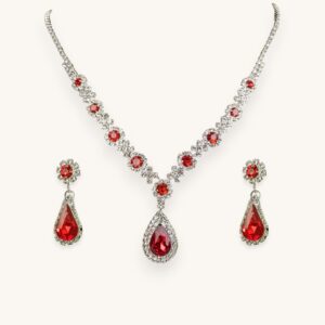 Women's Crystal Droplet Necklace with Earrings Set Red