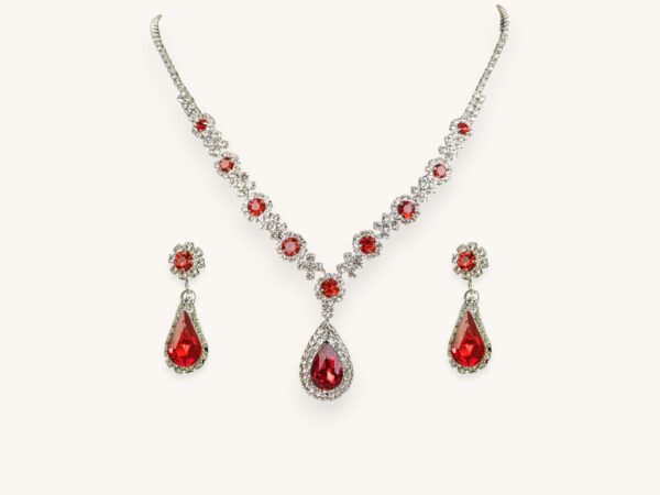 Women's Crystal Droplet Necklace with Earrings Set Red