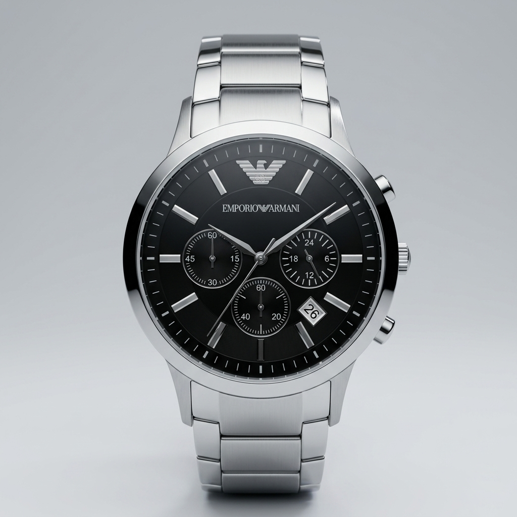 Emporio Armani Classic Silver Stainless Steel Black Dial Chronograph Quartz Gents Watch AR2434