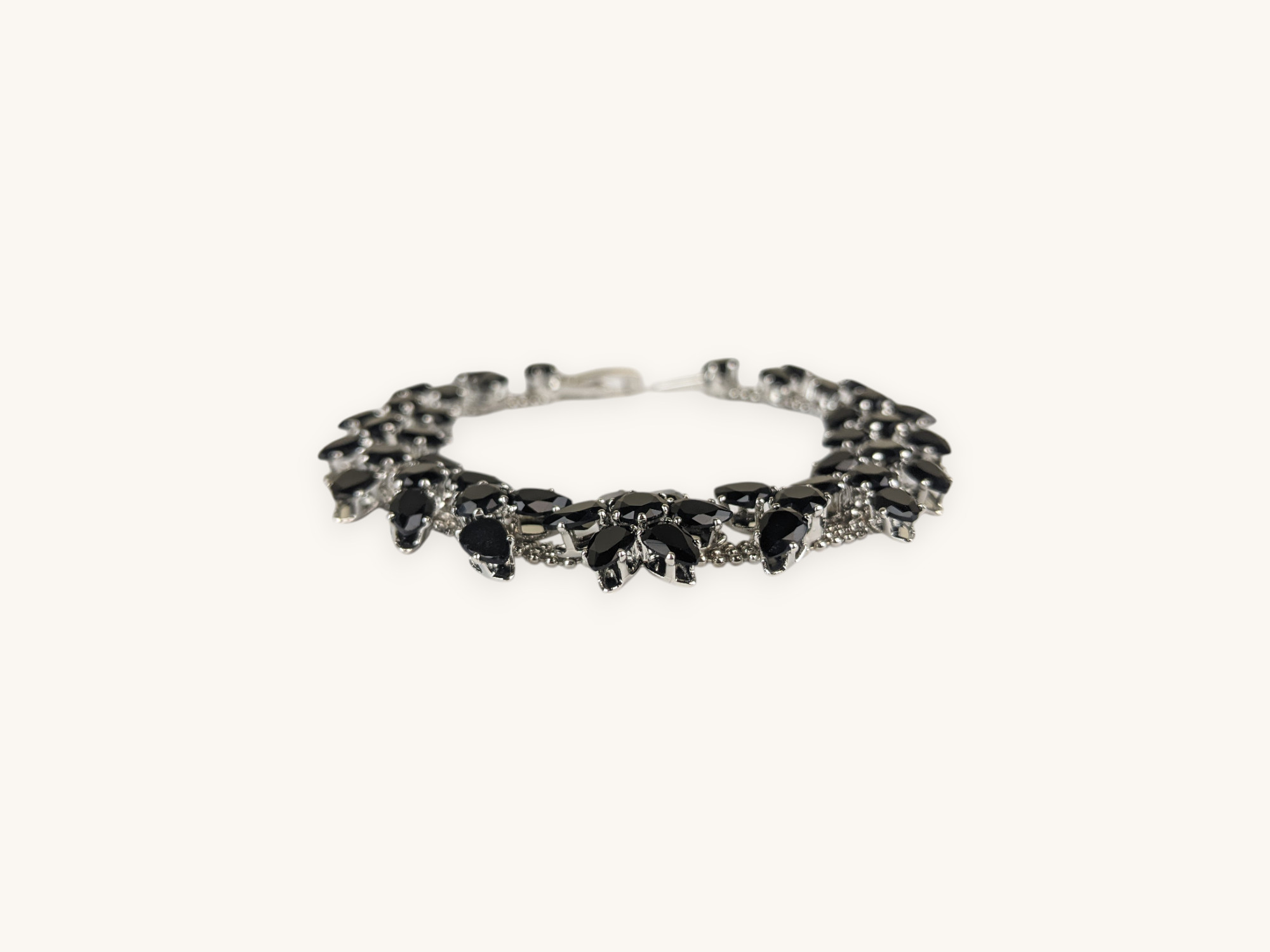 Silver Cluster Flower Bracelet Black Stones