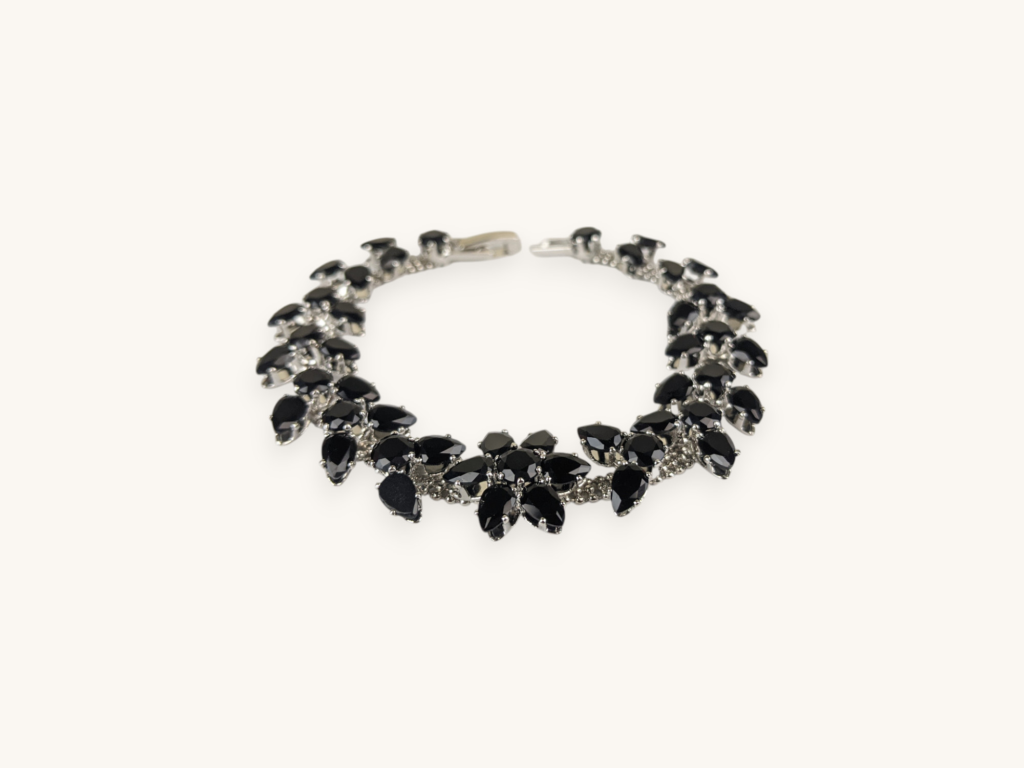 Silver Cluster Flower Bracelet Black Stones - Image 2