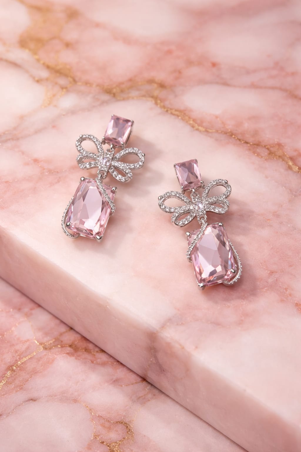 Exquisite Handmade Inlaid Zircon Bow Butterfly Dangle Earrings - Image 2