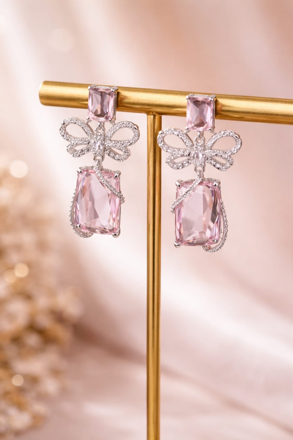 Exquisite Handmade Inlaid Zircon Bow Butterfly Dangle Earrings