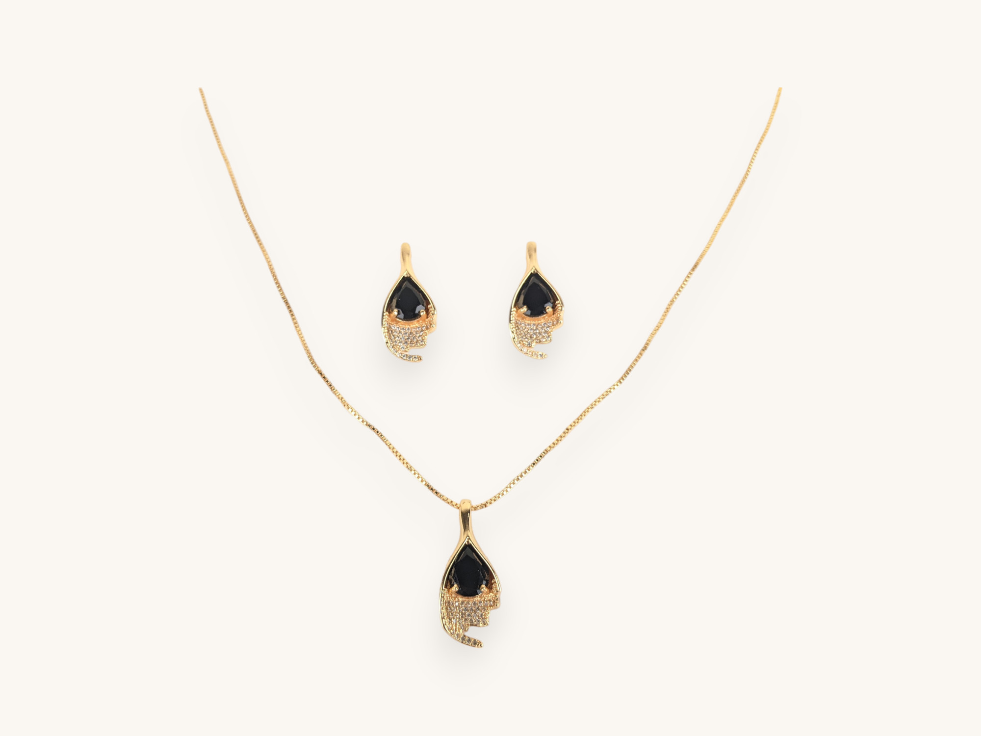 Golden Chain Necklace Earrings Set Black