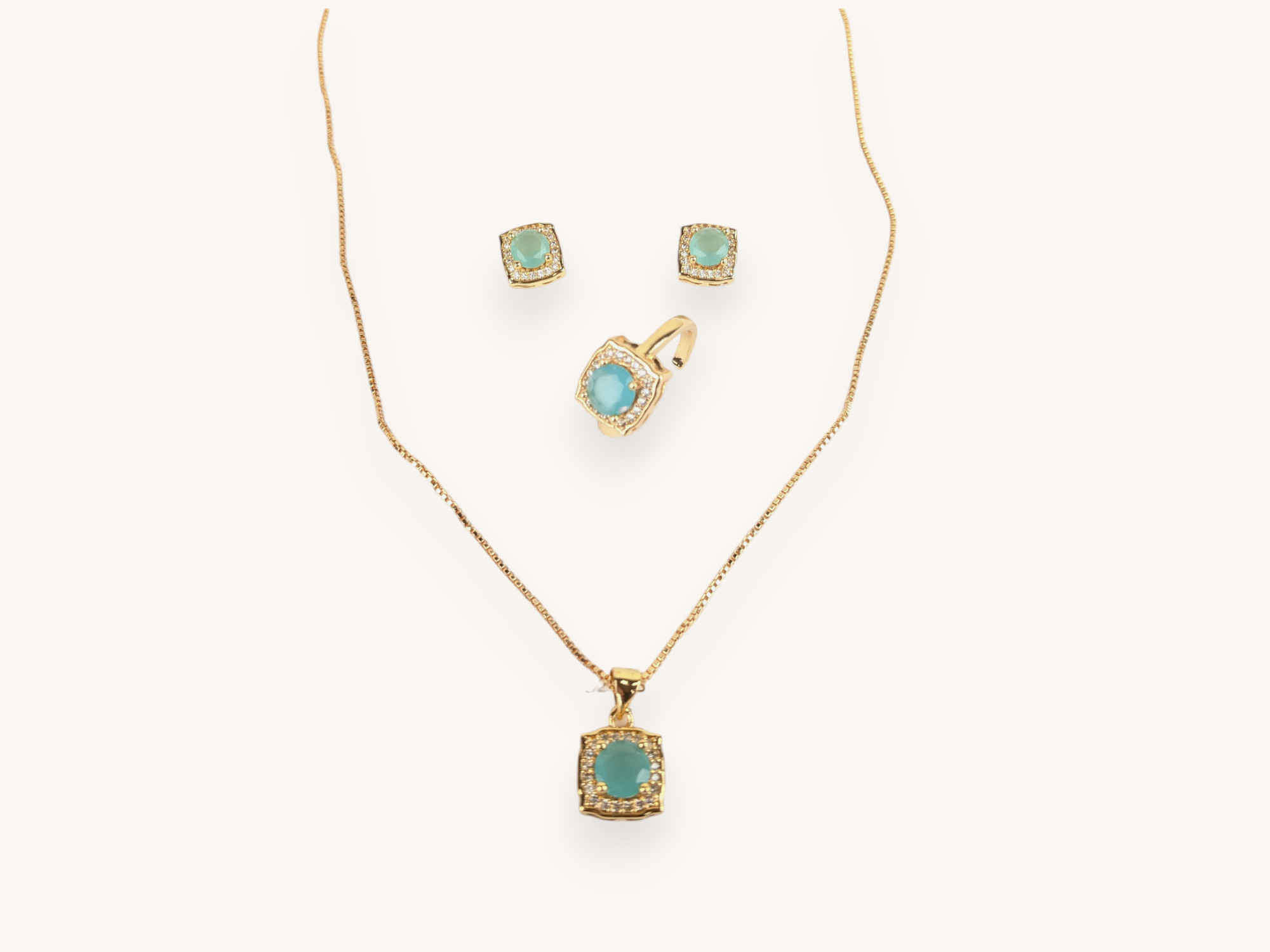 Golden Chain Necklace Earrings Ring Set Ferozi