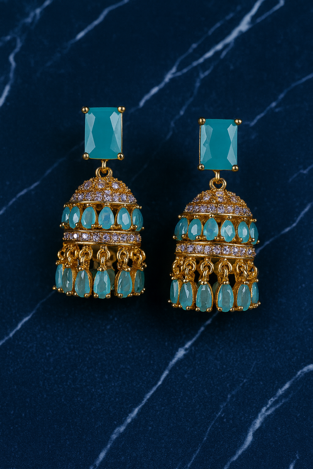 Golden Jhumka Aqua Blue Earrings
