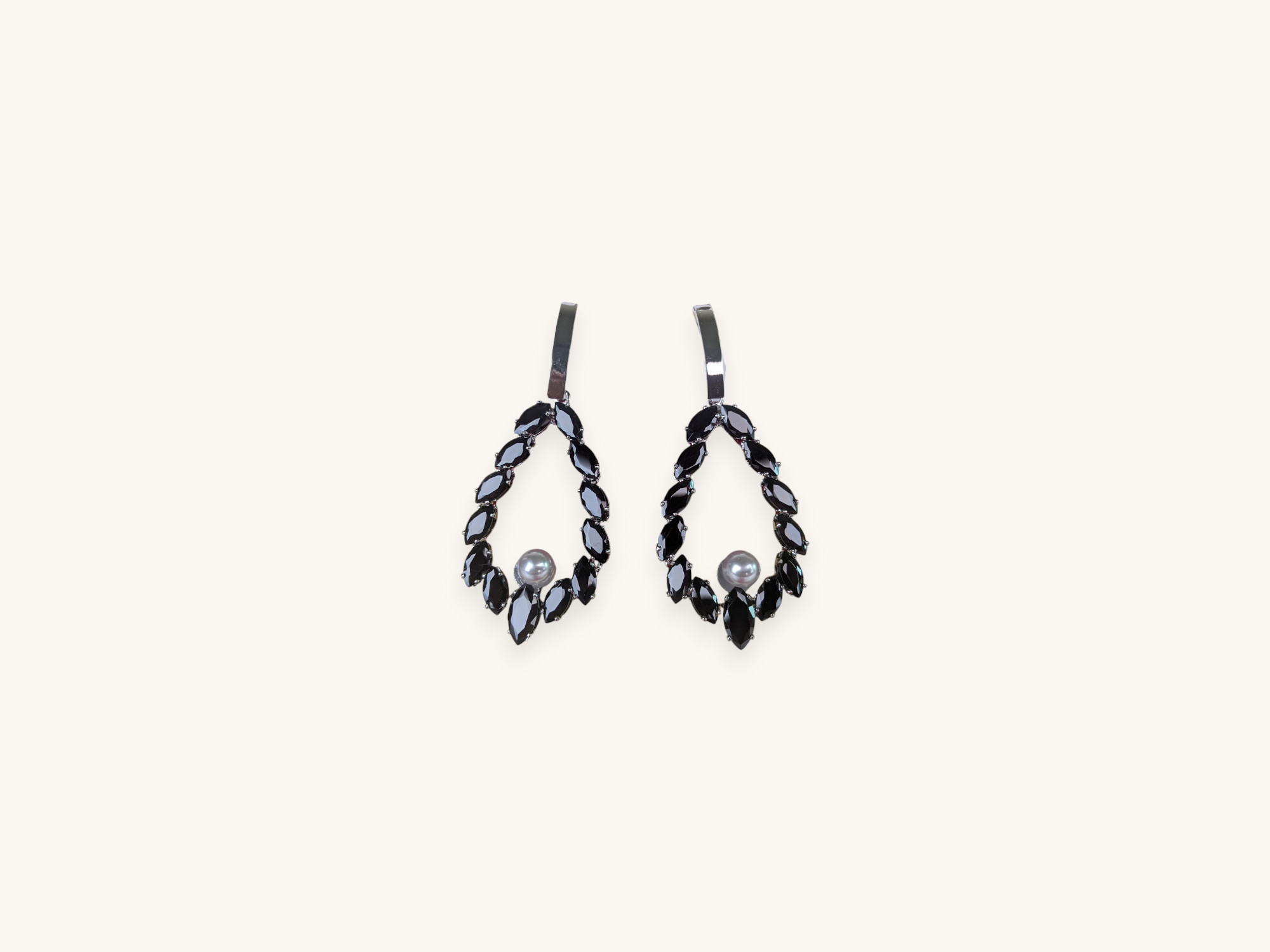 Silver Pear Black Silver Ball Earrings