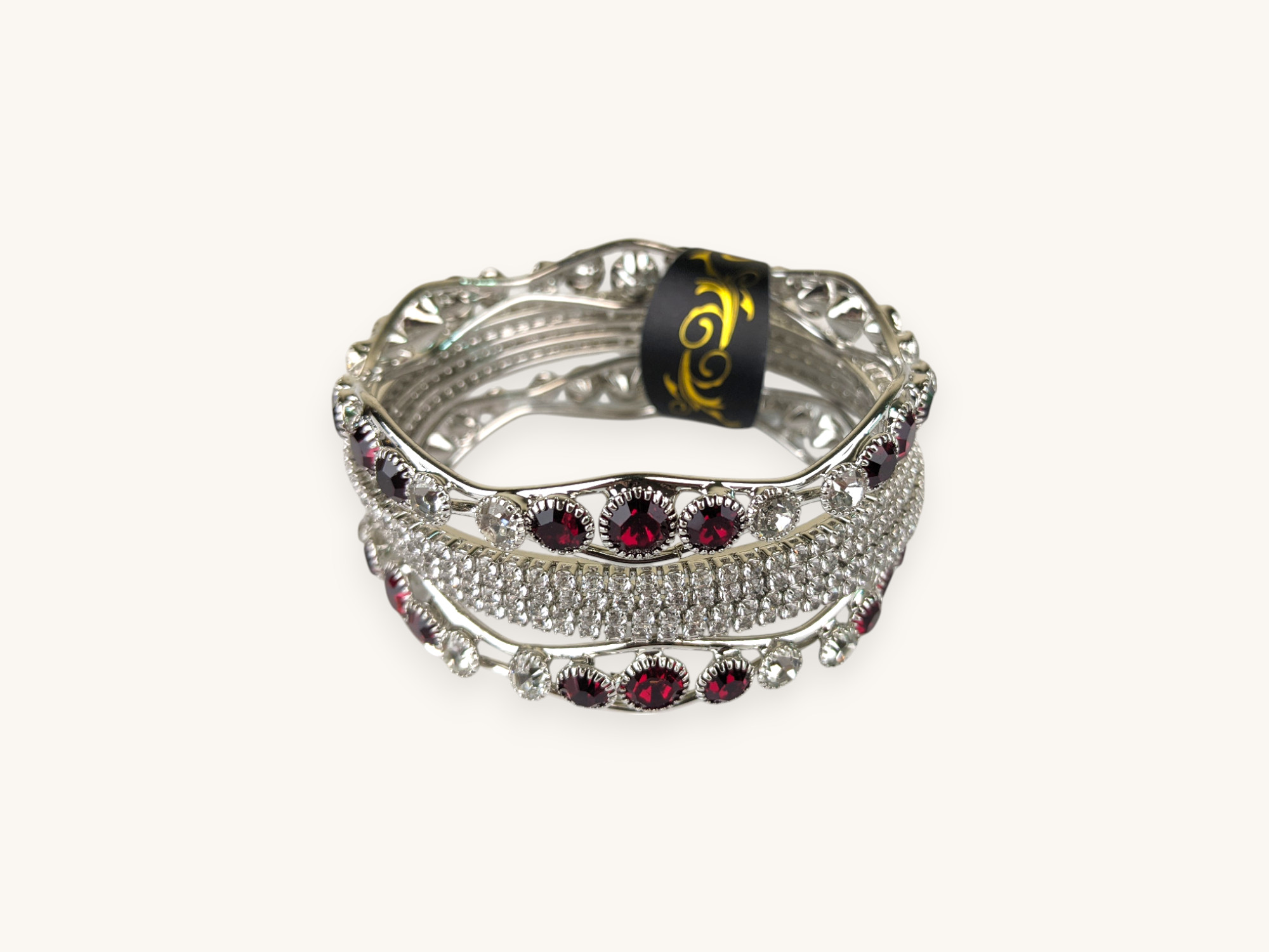 Silver Bangles Maroon Round Stone Set(Karay) (2.6) - Image 2