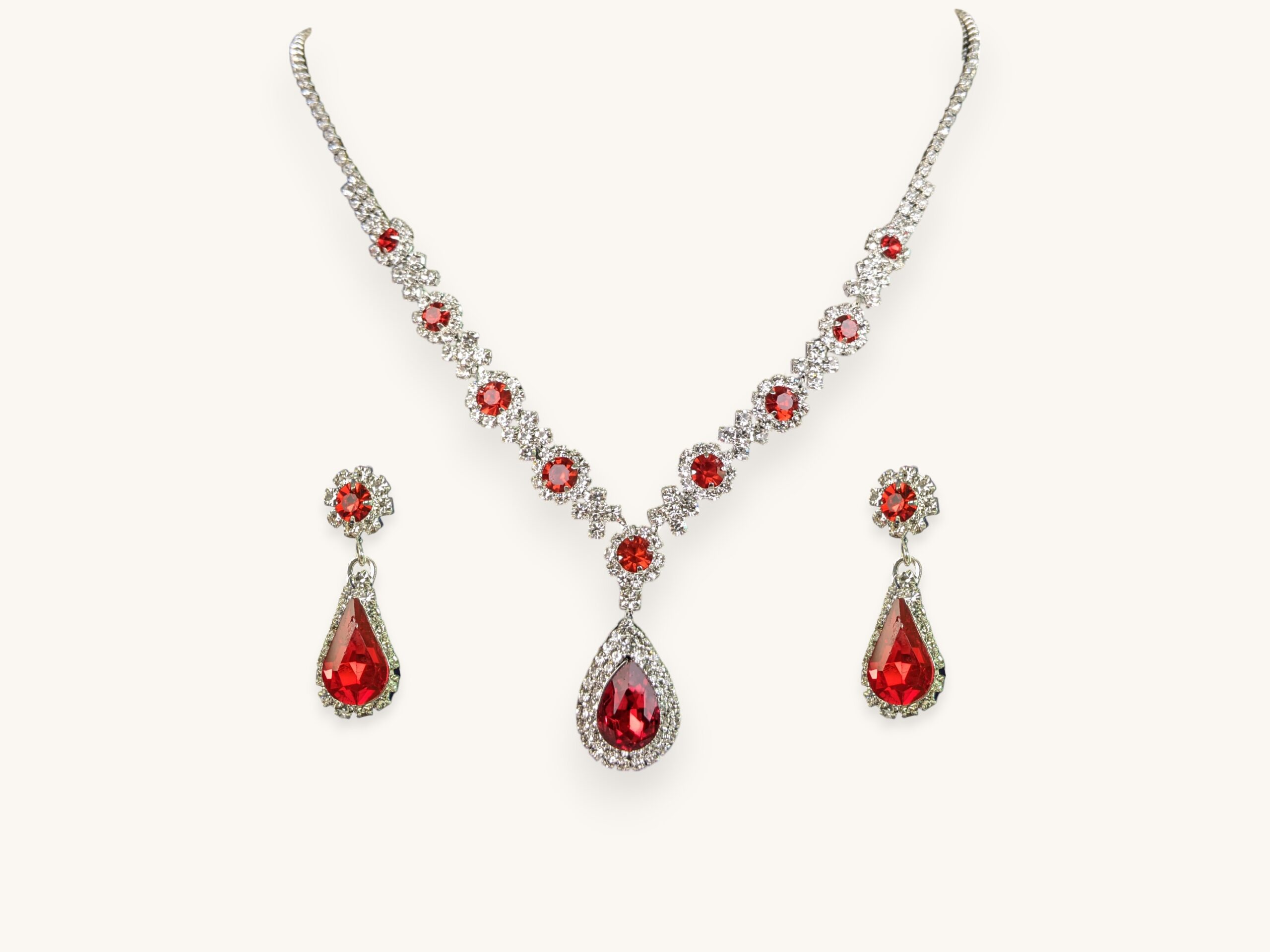 Women's Crystal Droplet Necklace with Earrings Set Red