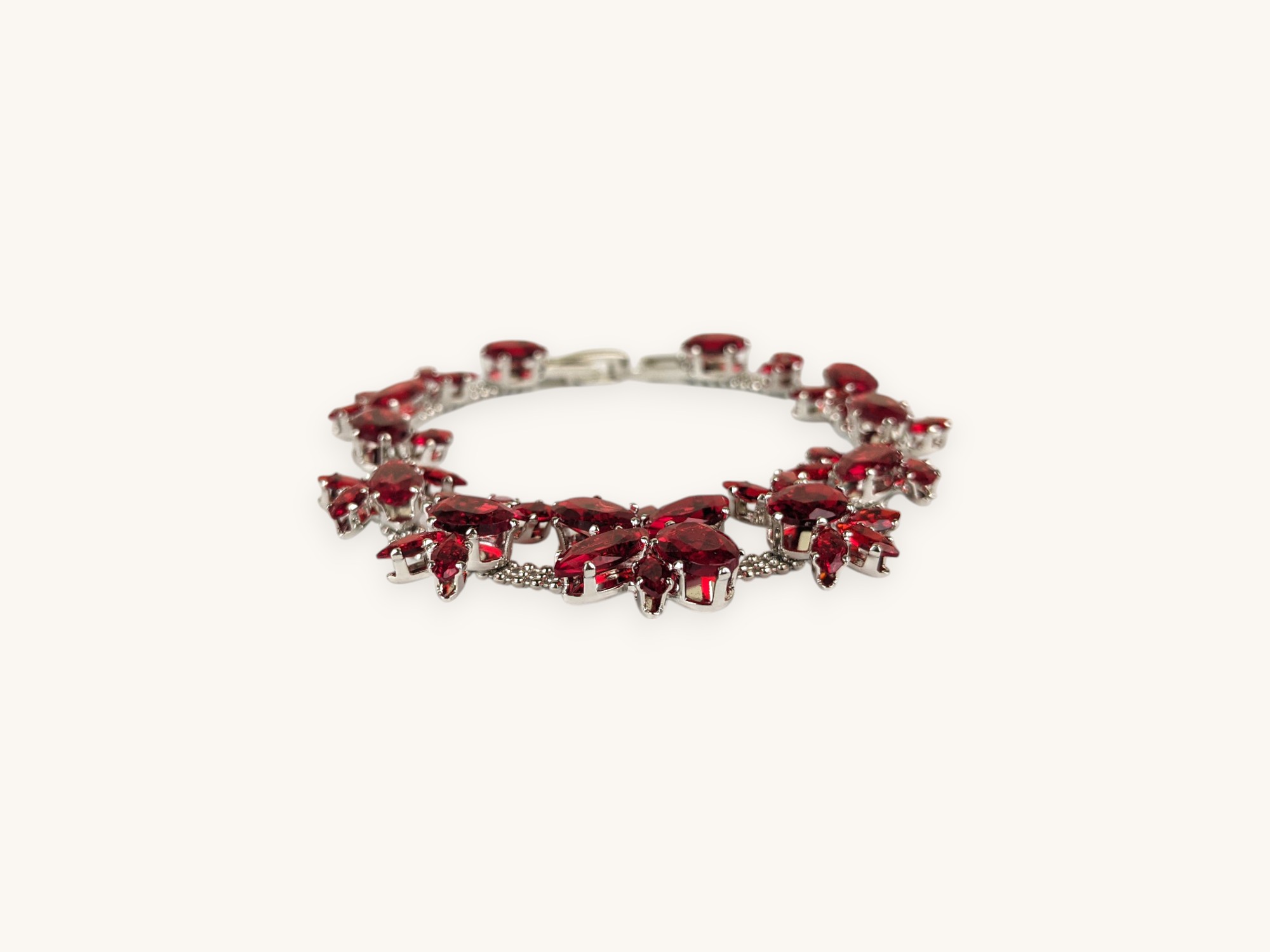 Silver Cluster Bracelet Red Stones