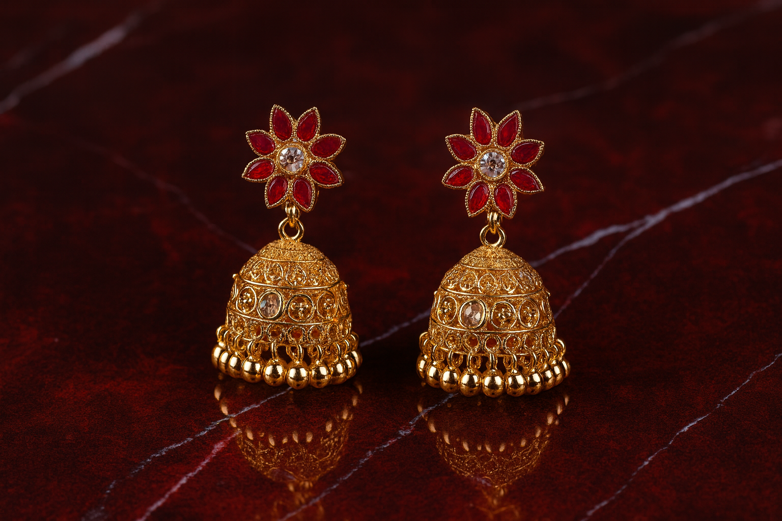 Golden Jhumka Red Flower Earrings