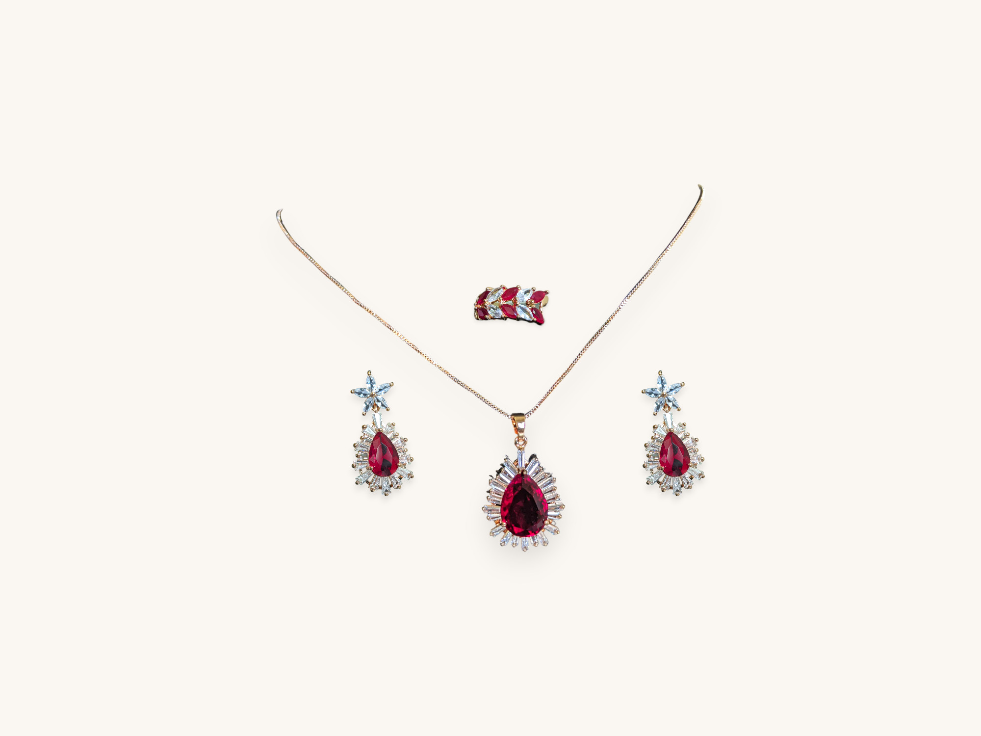 Floral Pear Stone Necklace Ring Earring Set Golden