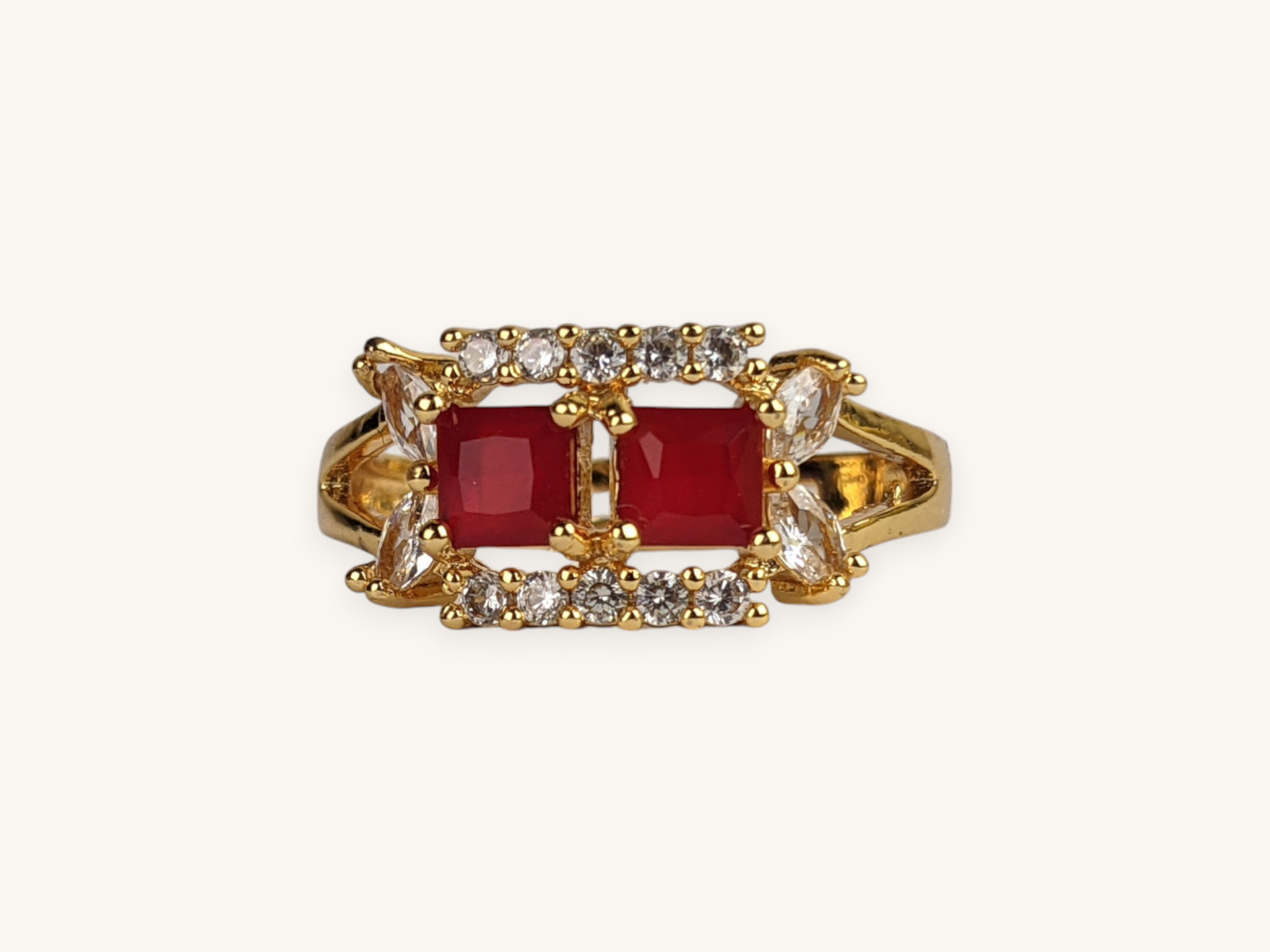 Golden Two Square Stone Ring (Free Size)